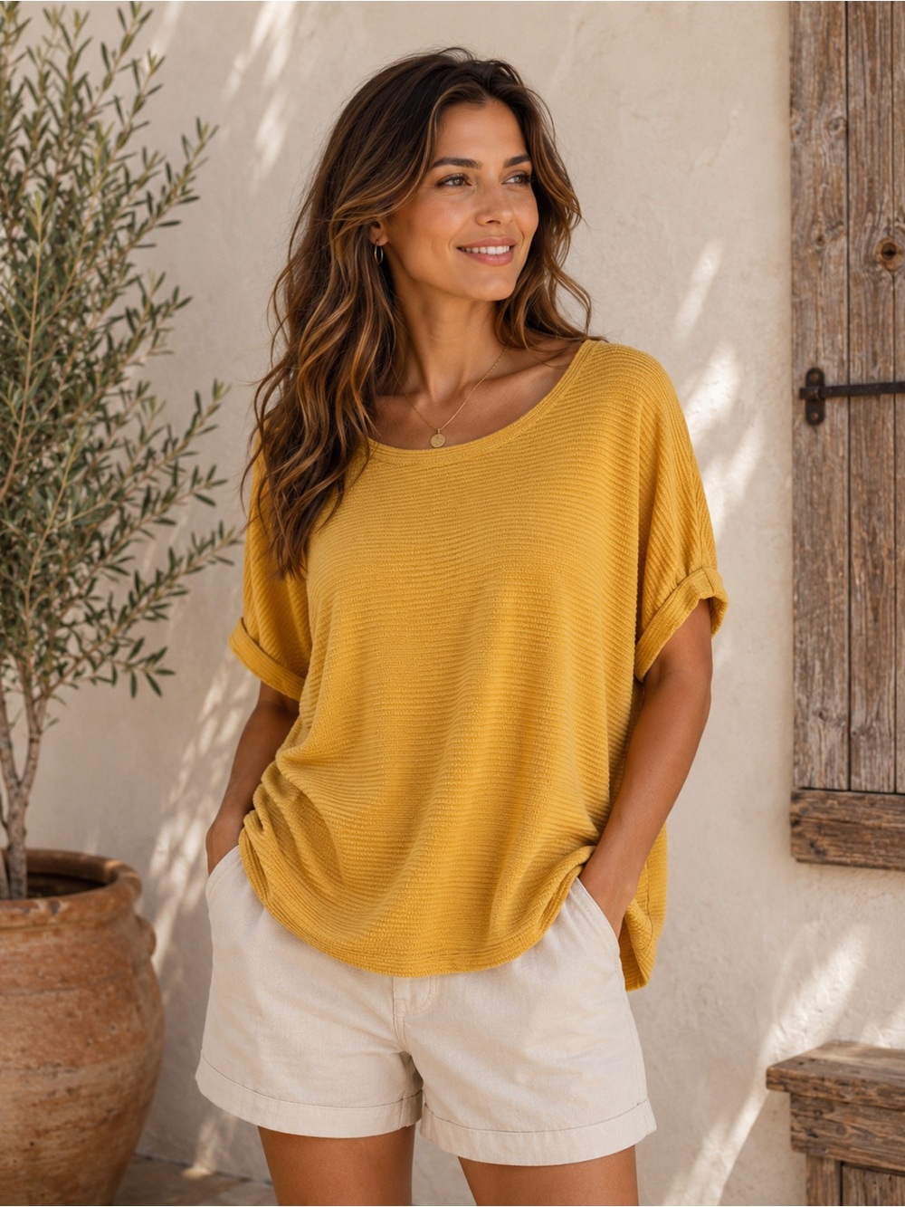 Mario Serrano Mustard Textured Top | Oversized Short Sleeve Knit. Ptp 27